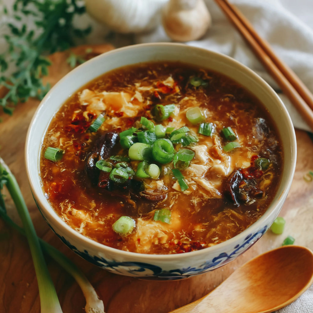 A bowl of hot and sour soup with green onions and chili.