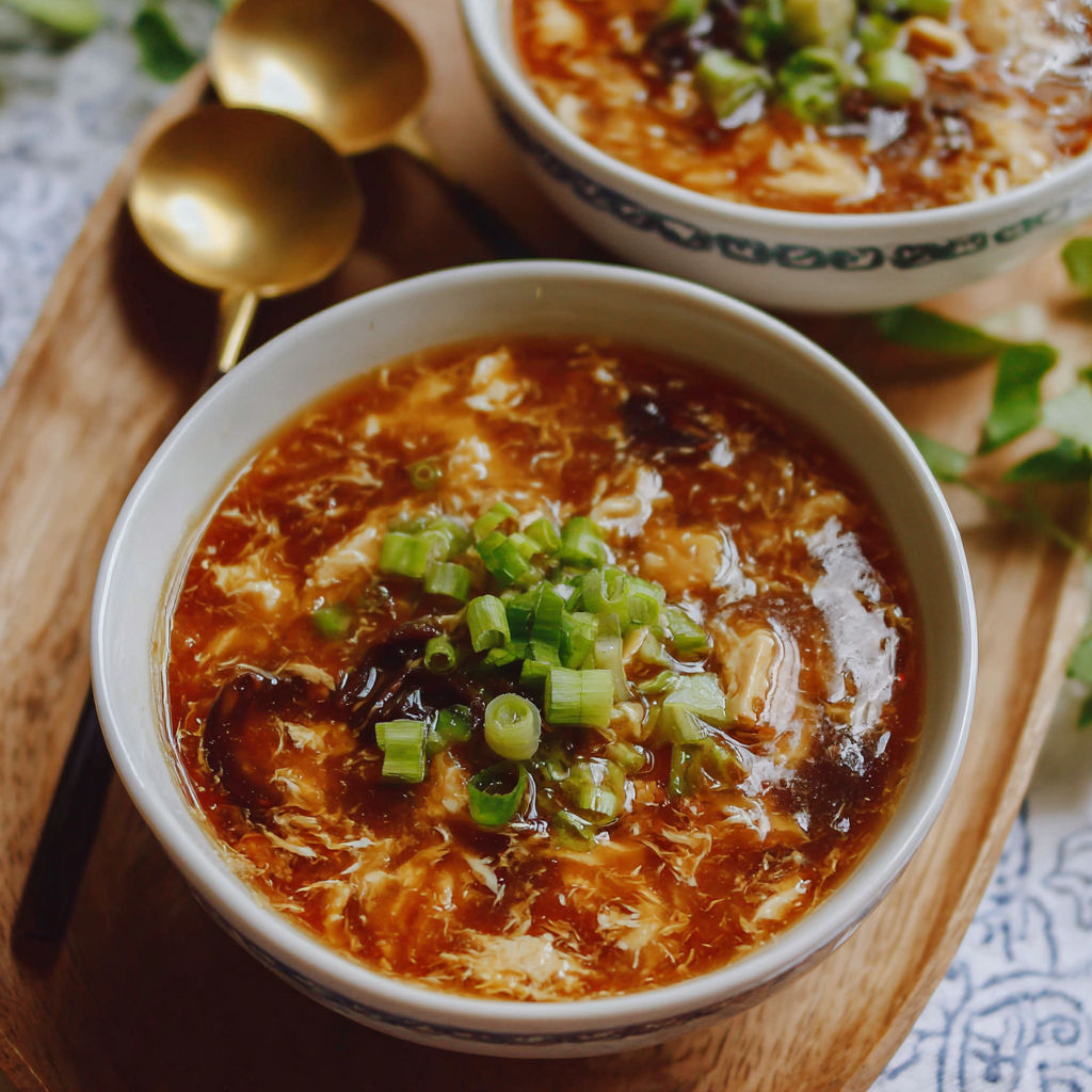 A bowl of hot and sour soup with green onions.