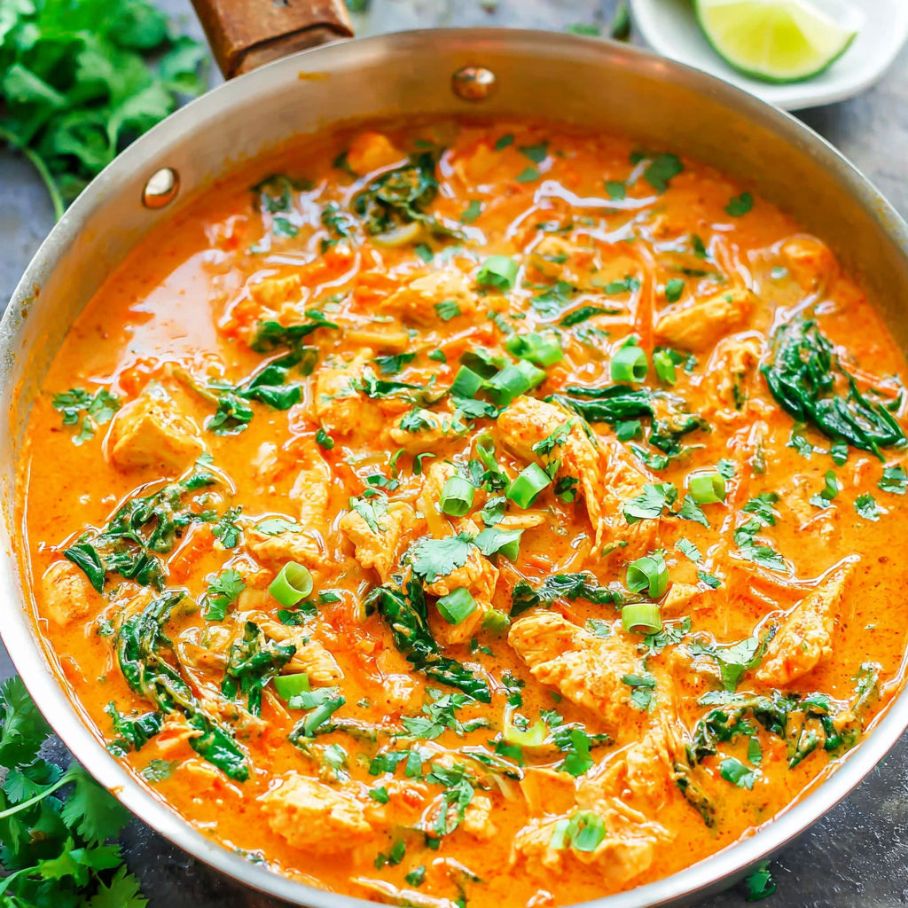 A bowl of Thai chicken coconut curry.