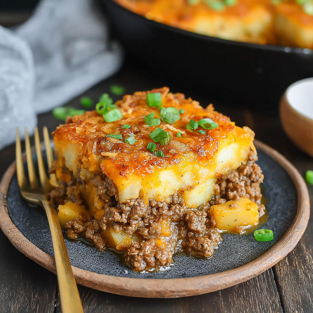 A rustic ground beef and potato bake.