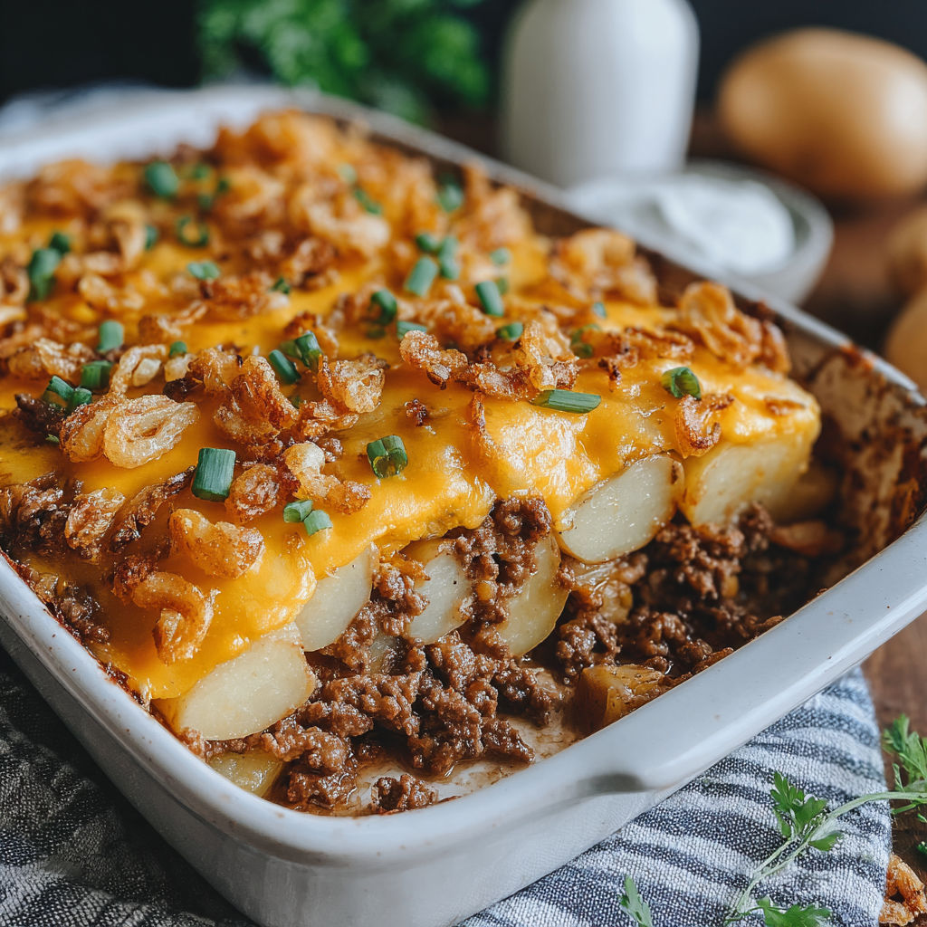 A casserole dish filled with ground beef and potatoes.