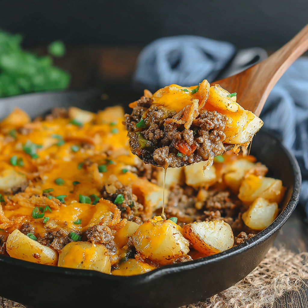 A rustic ground beef and potato bake is being served in a black skillet.