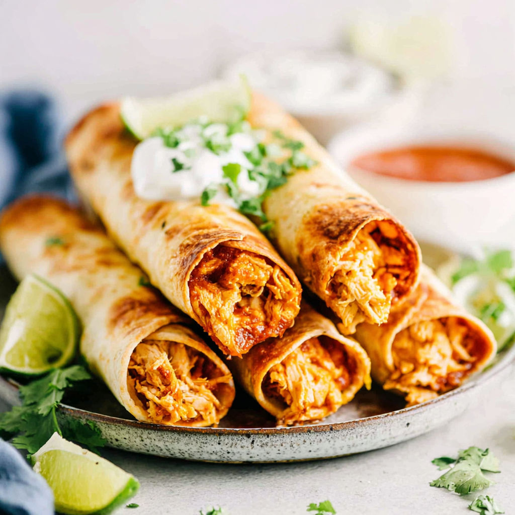 A plate of baked cream cheese chicken taquitos.