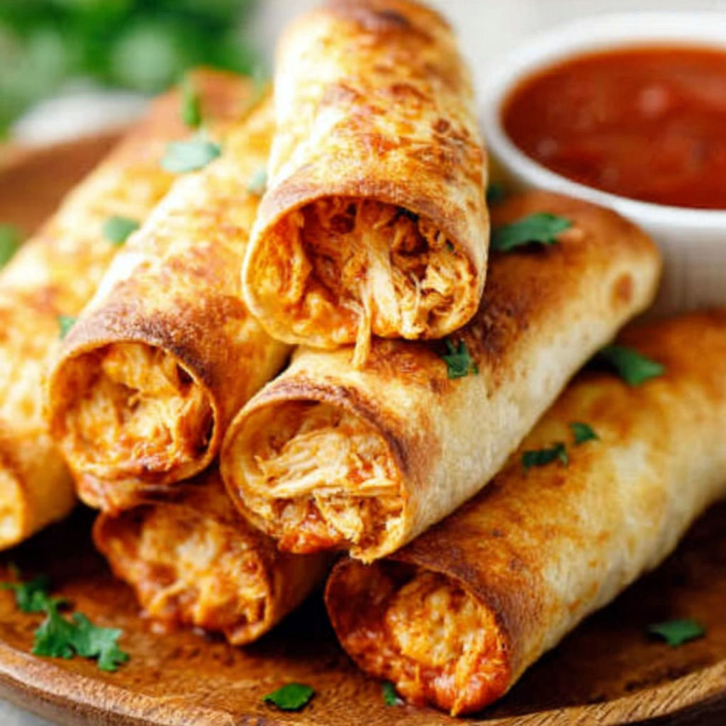 A plate of baked cream cheese chicken taquitos.