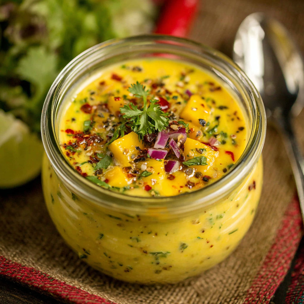A glass jar of sweet and spicy mango salad dressing.