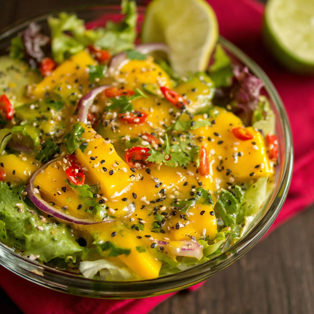 A bowl of salad with a sweet and spicy mango dressing.