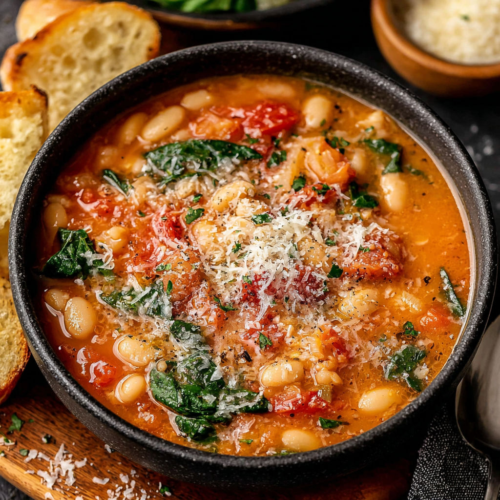 A bowl of soup with Parmesan cheese and tomatoes.