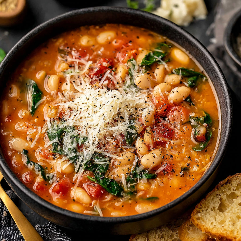 A bowl of soup with Parmesan cheese and beans.