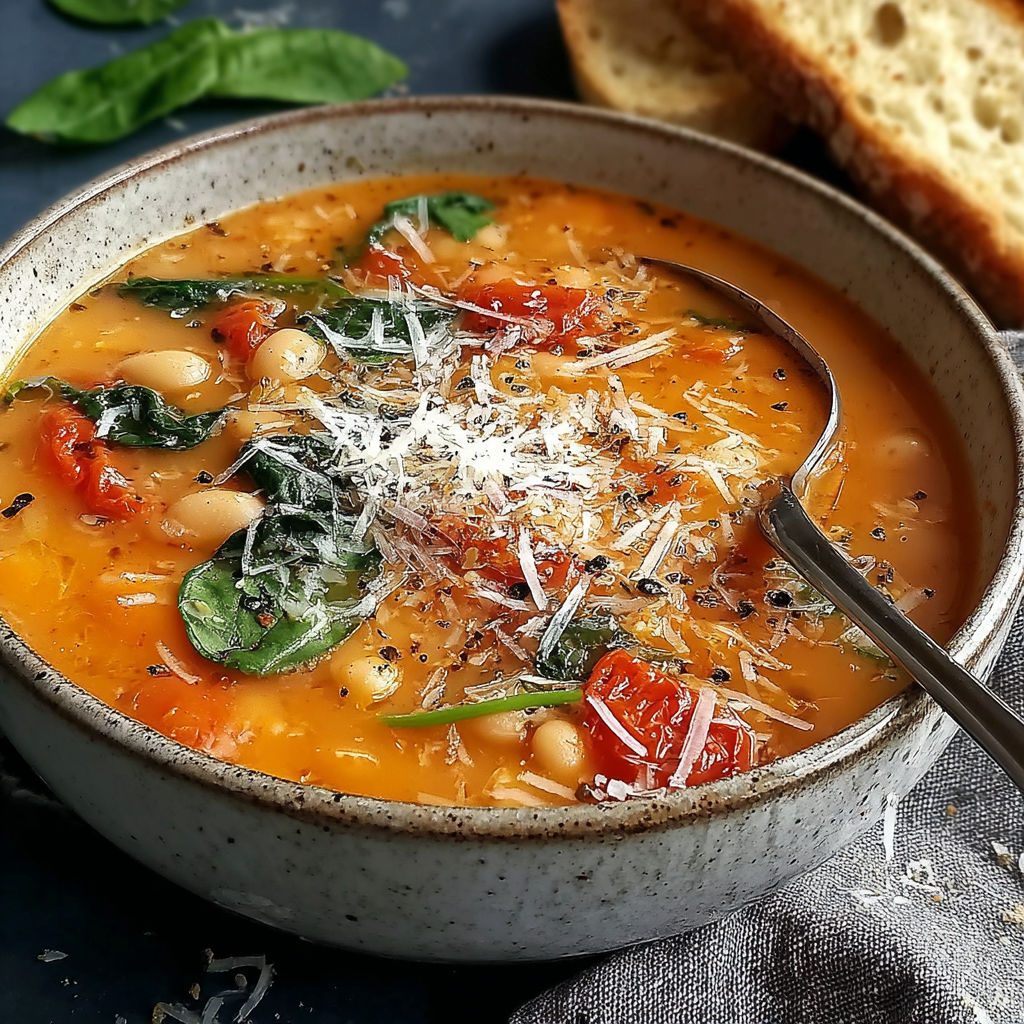 A bowl of soup with Parmesan cheese and tomatoes.