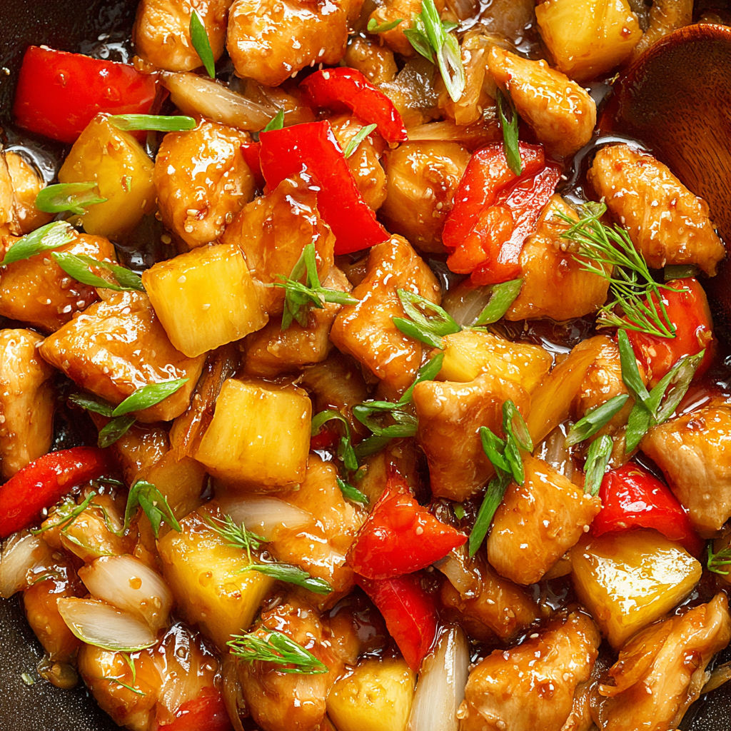 A dish of pineapple chicken with red peppers and onions.