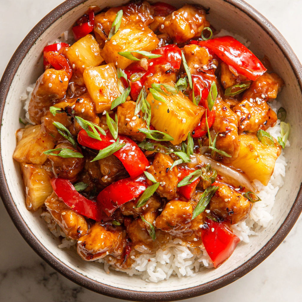A bowl of pineapple chicken with rice.