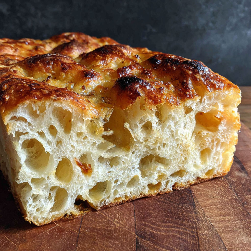 A thick, soft, yet crispy sourdough focaccia.