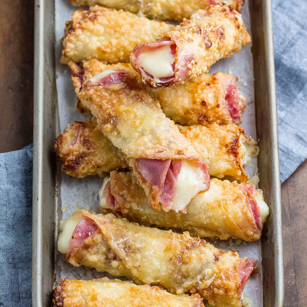 A tray of baked ham and cheese mozzarella sticks.