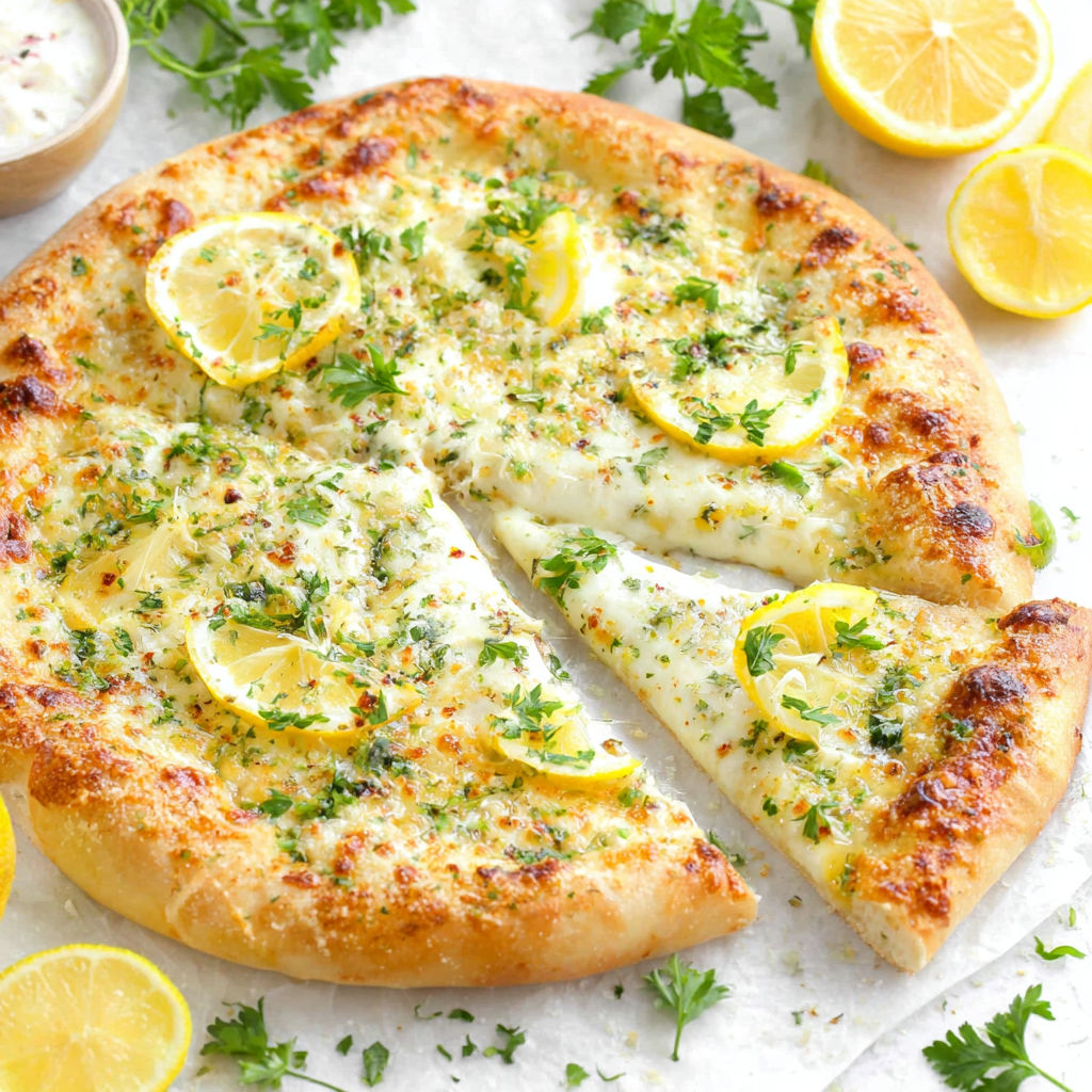 A slice of lemon pizza with a lemon wedge on the side.