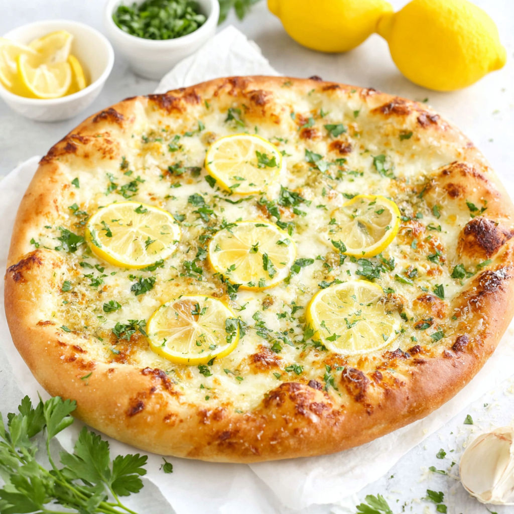 A pizza with lemon slices on top.
