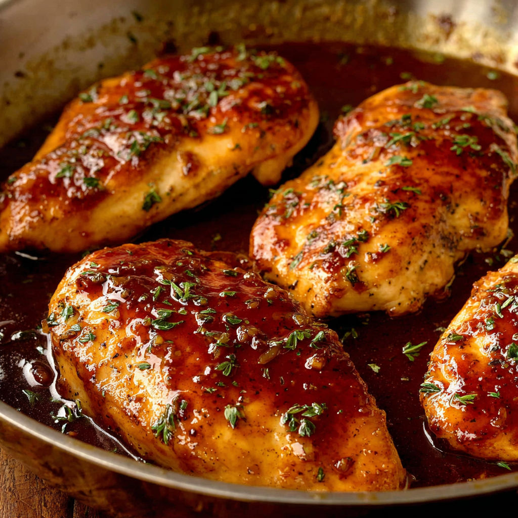 A pan of honey garlic chicken breasts.