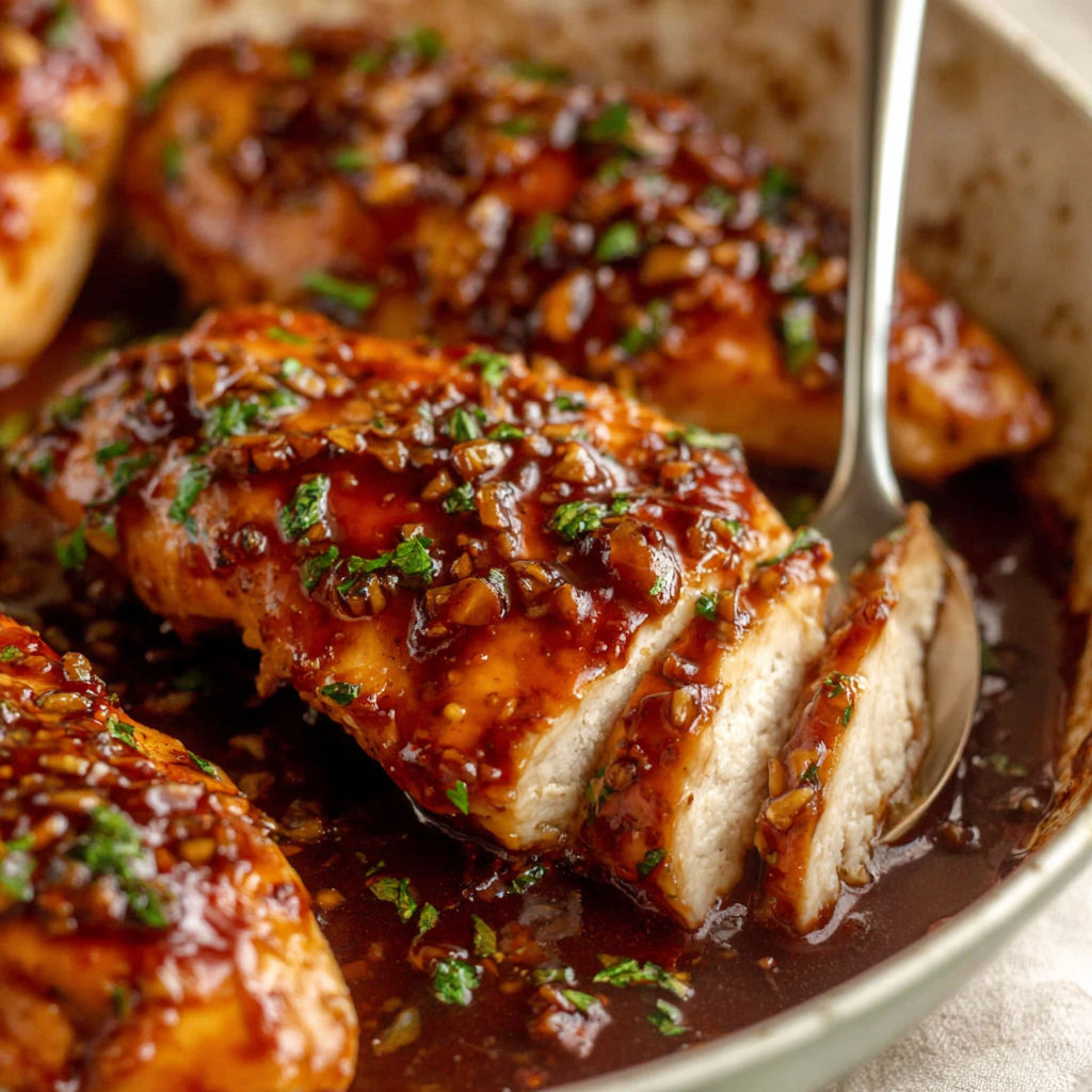 A plate of chicken with a sauce on it.