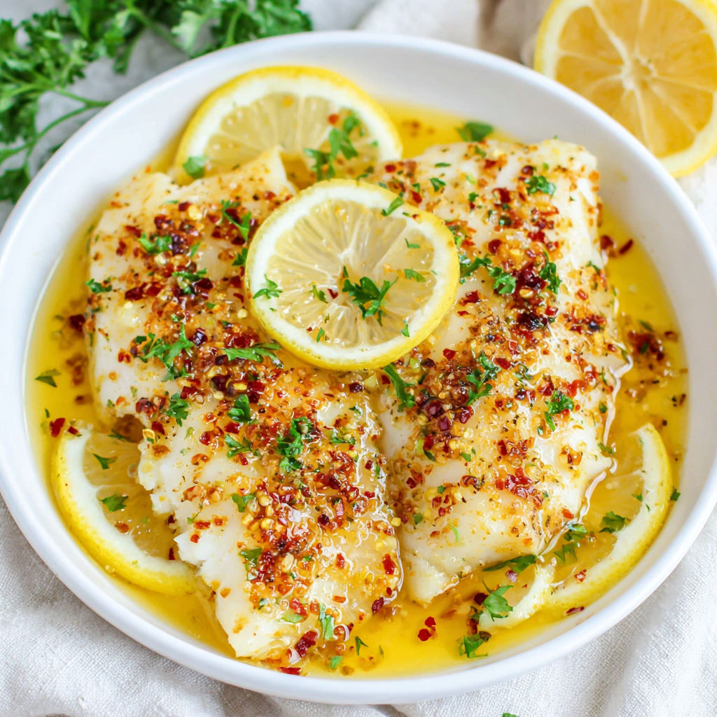 A bowl of baked lemon butter cod.