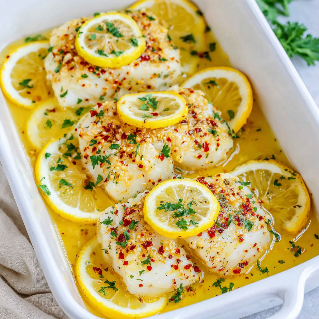A dish of baked lemon butter cod.