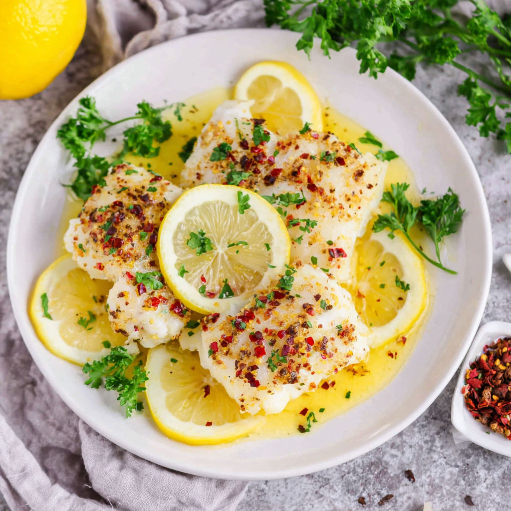A plate of baked lemon butter cod.