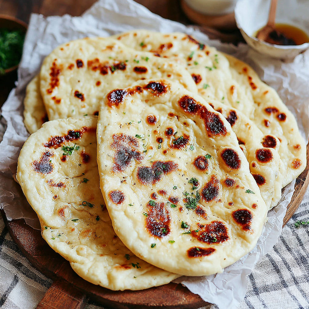A stack of naan bread on a wooden board.