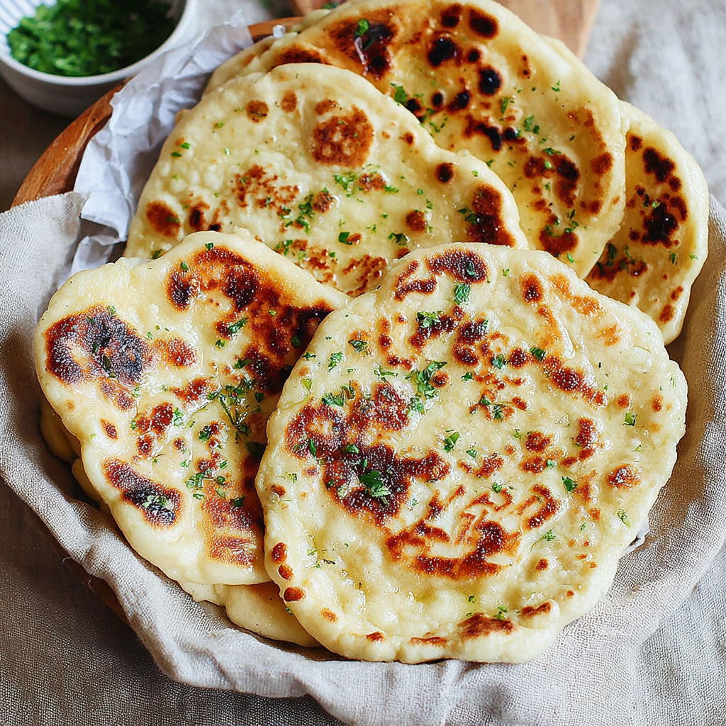 A plate of naan bread with green herbs on top.