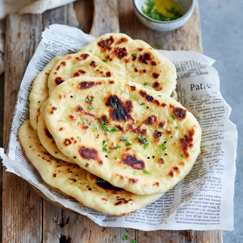 A stack of naan bread on a table.