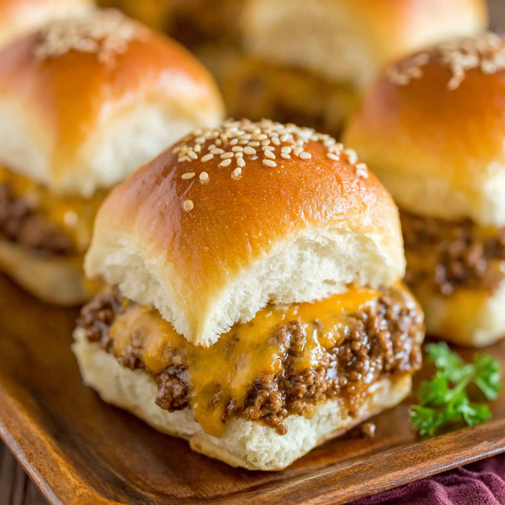 Cheeseburger sliders on a wooden tray.