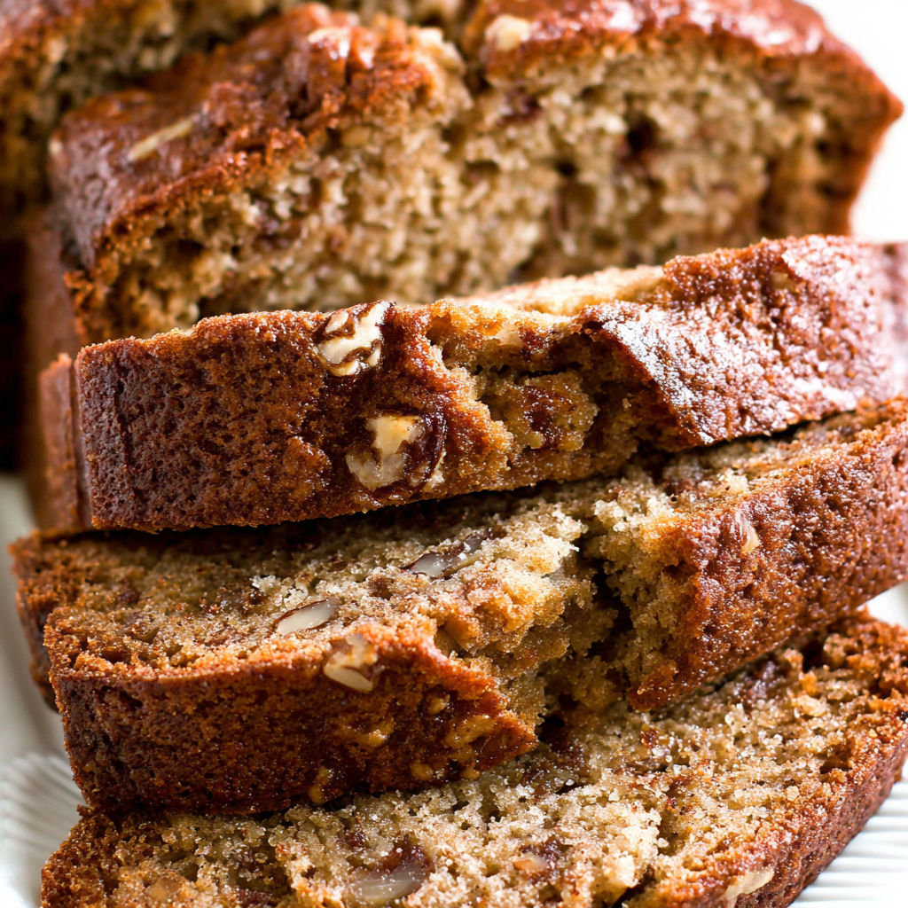 Three slices of banana bread on a plate.