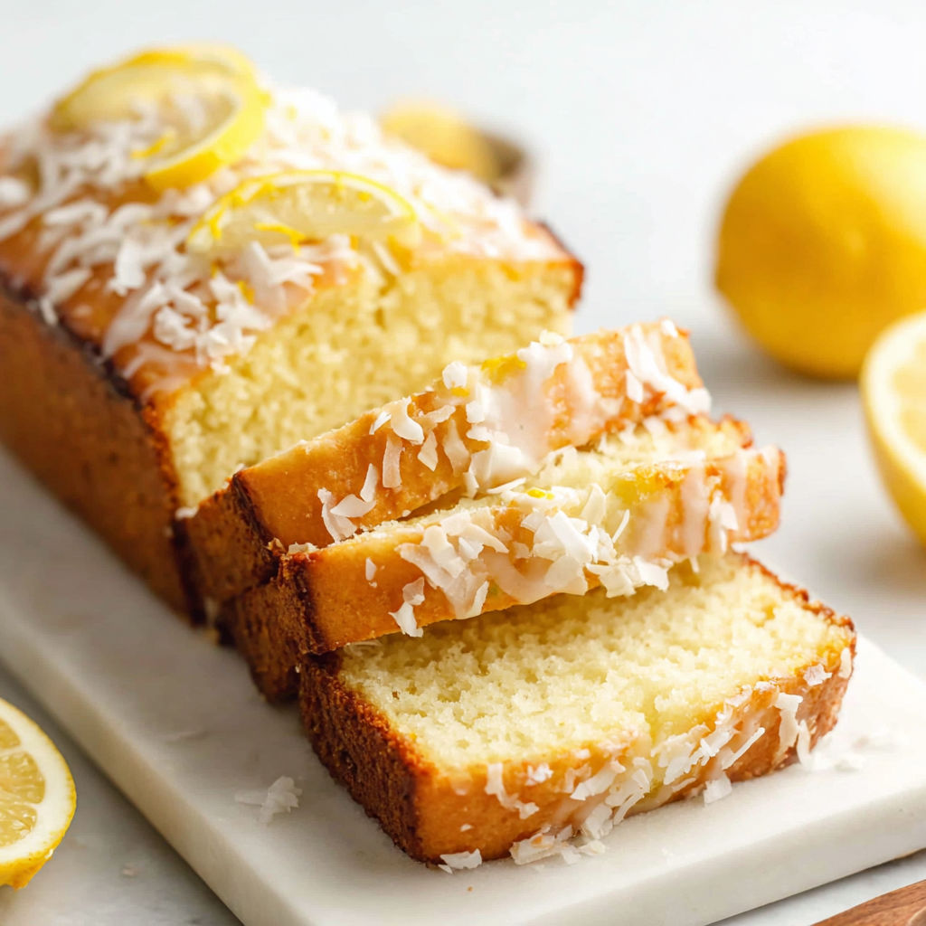 A slice of lemon coconut bread with white coconut on top.