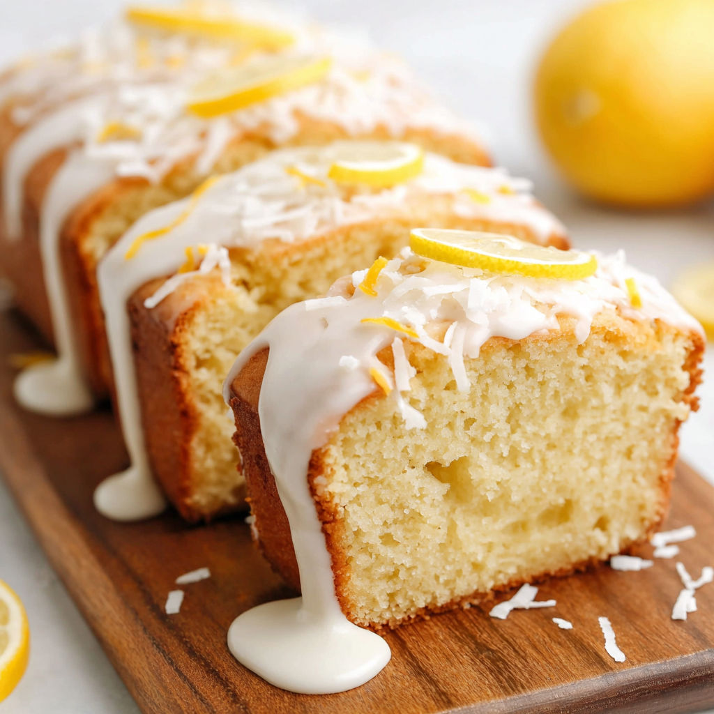 A slice of lemon coconut loaf cake with white icing.