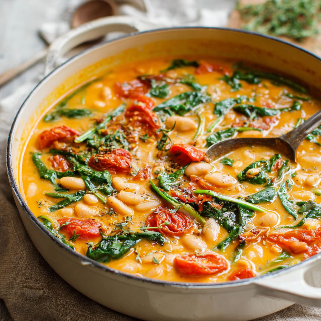 A bowl of creamy tomato white bean stew.