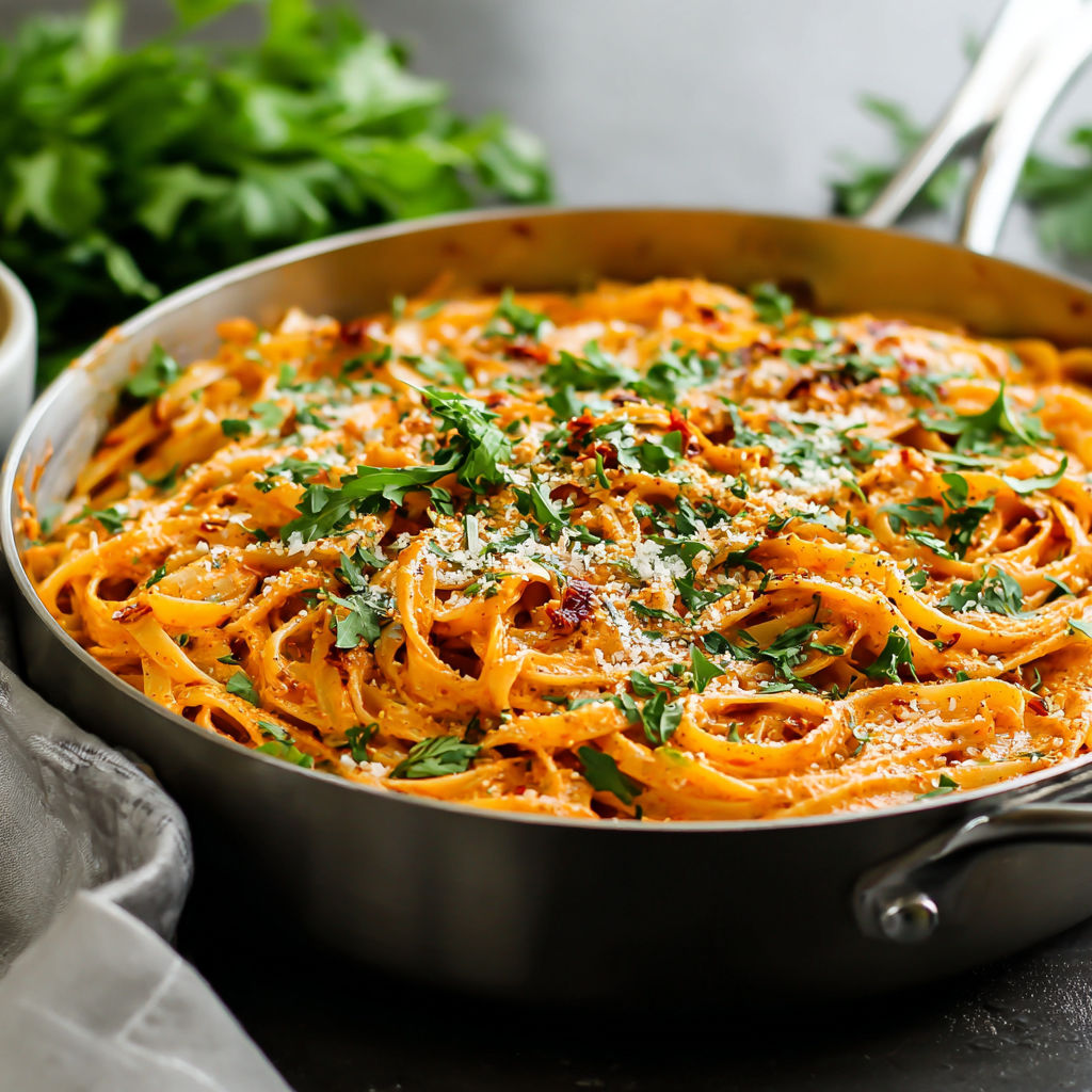 A pan of pasta with sun dried tomatoes and cheese.