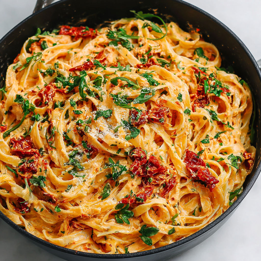 A bowl of pasta with sun dried tomatoes and basil.