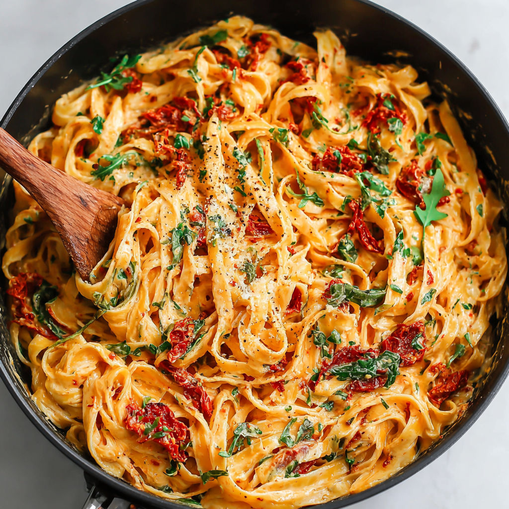 A bowl of pasta with sun dried tomatoes and cream.