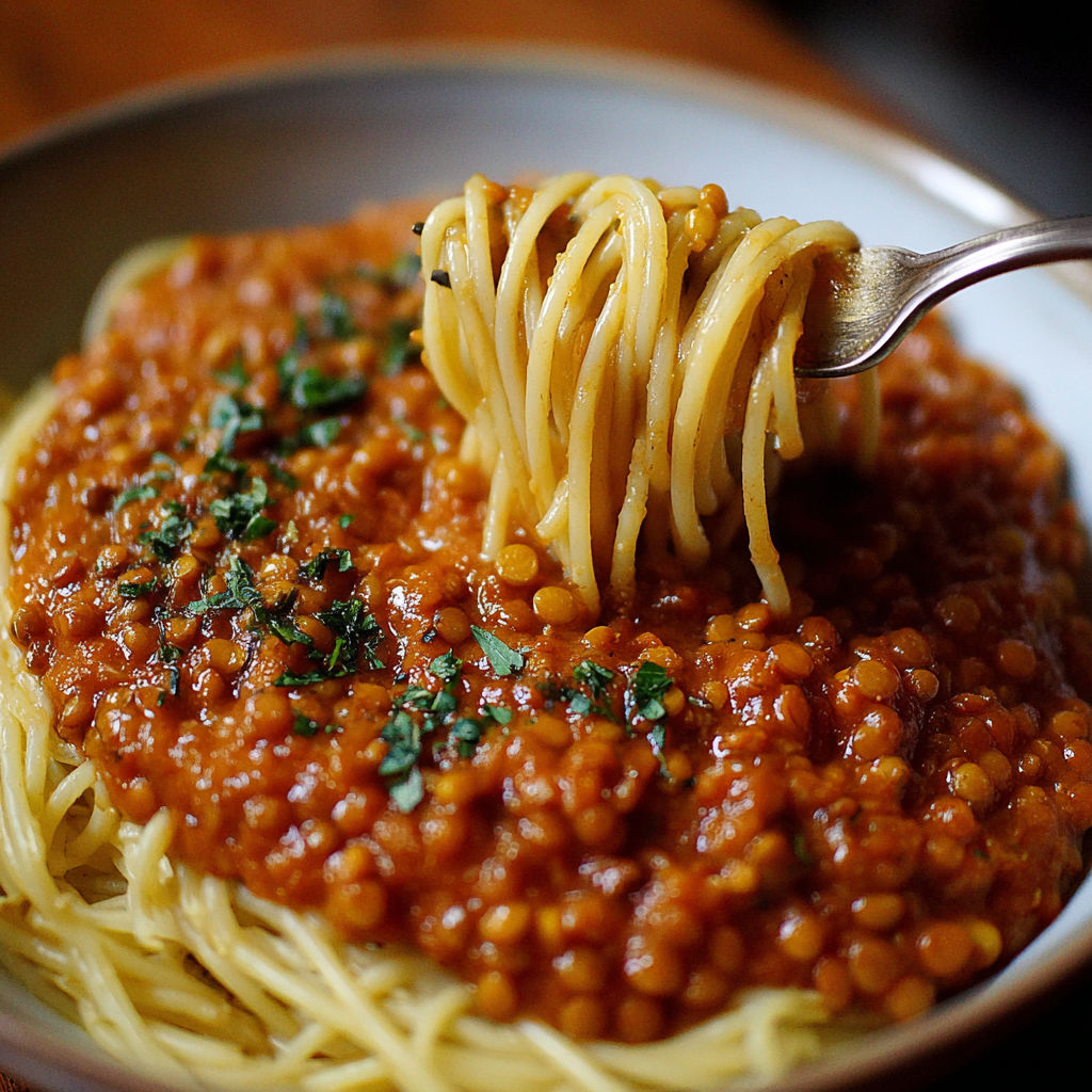 A bowl of Lentil Bolognese with a spoon in it.