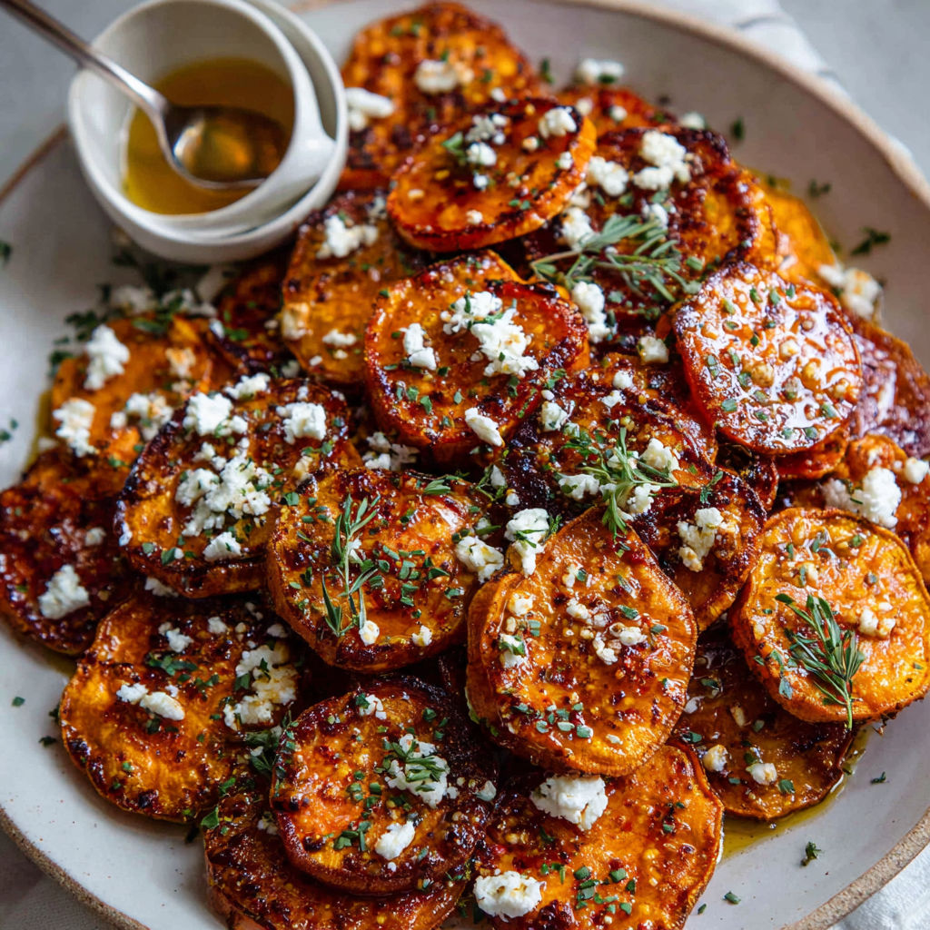 A plate of roasted sweet potatoes with honey and feta cheese.