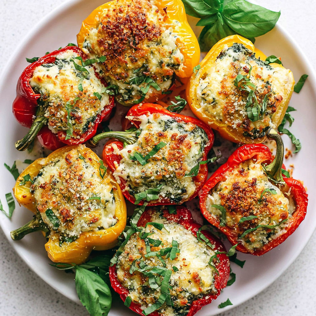 A plate of herby ricotta stuffed peppers.