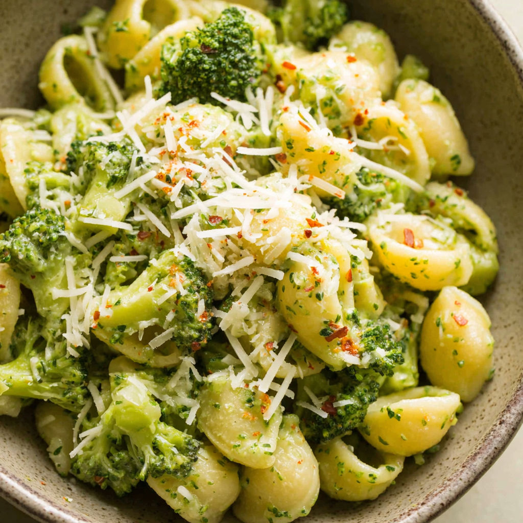 A bowl of pasta with broccoli and cheese.