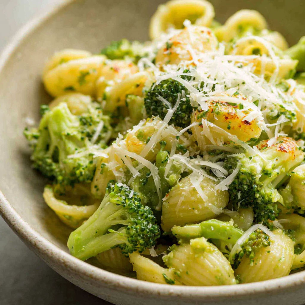 A bowl of pasta with broccoli and cheese.