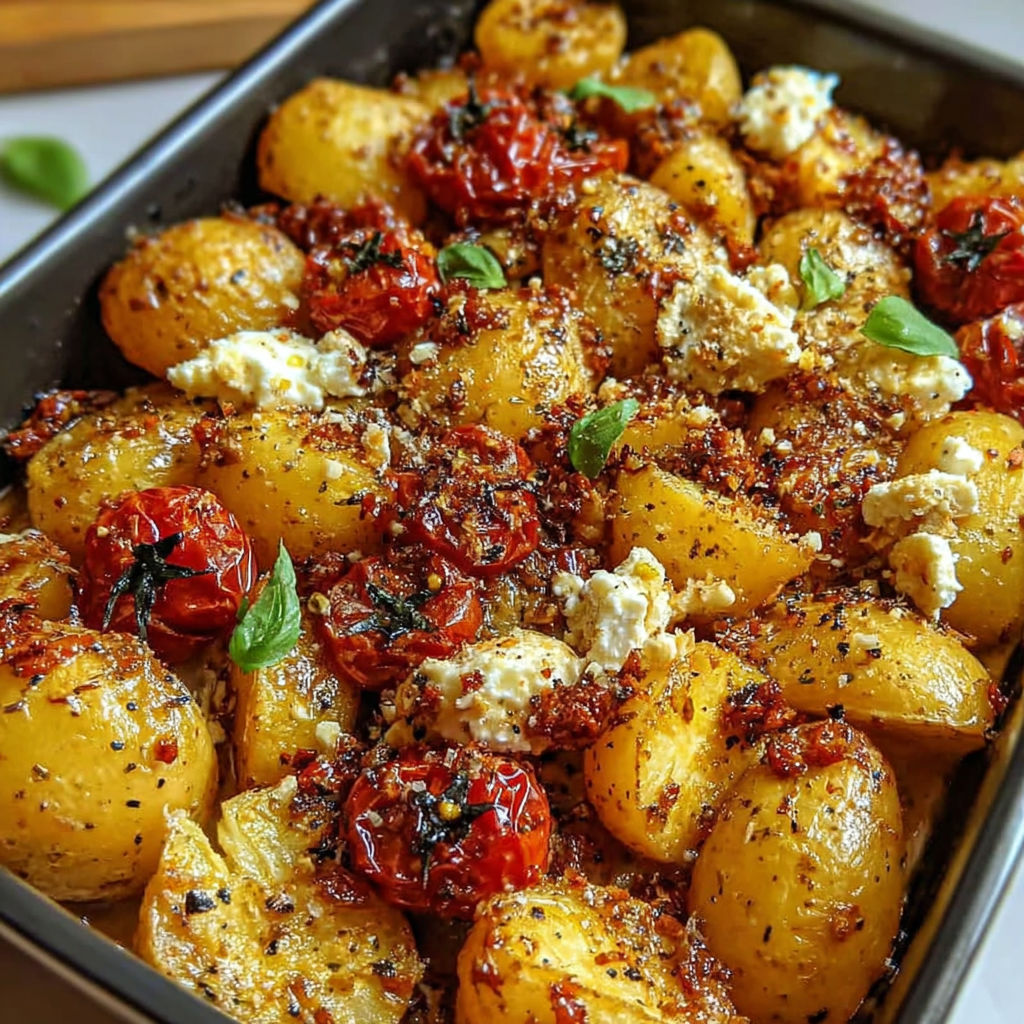 A dish of baked potatoes with feta cheese and tomatoes.