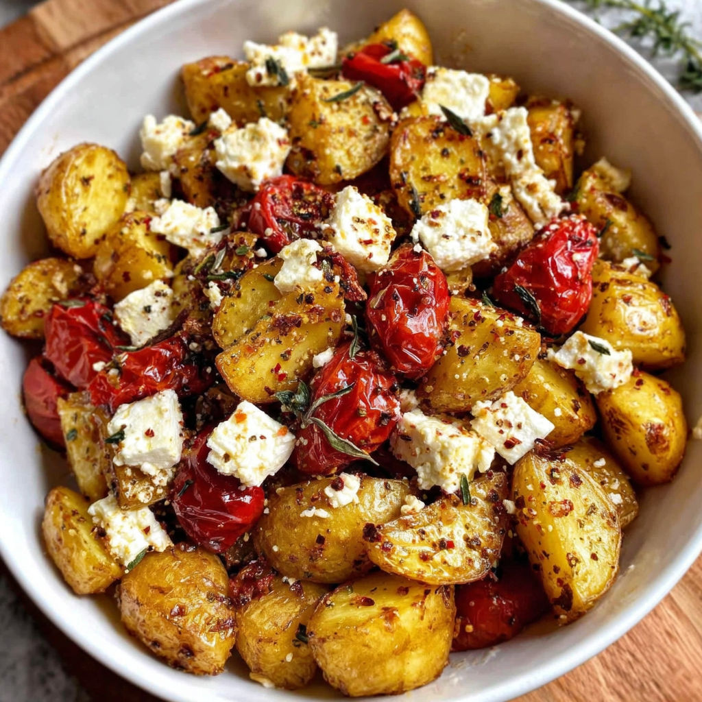 A bowl of baked potatoes with feta cheese and herbs.