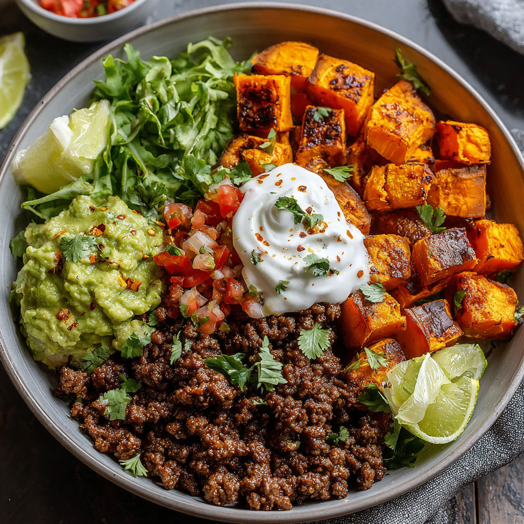 A bowl of food with sweet potatoes, lime, and guacamole.