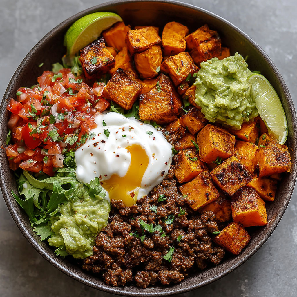 A bowl of food with a sweet potato taco bowl.