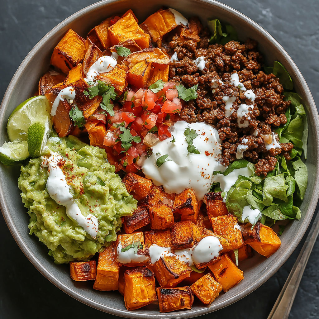 A bowl of food with sweet potatoes, sour cream, and guacamole.