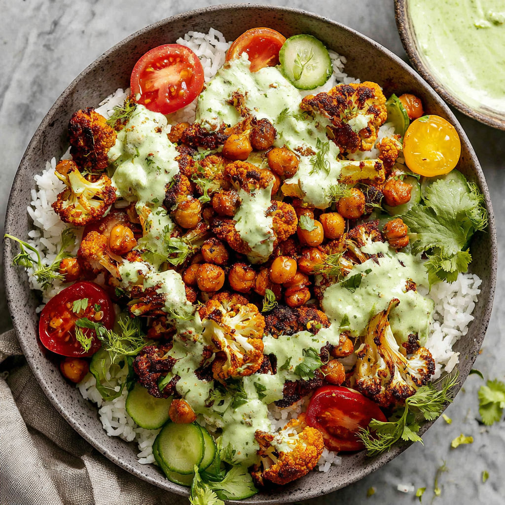 A bowl of food with cauliflower, tomatoes, and cucumbers.