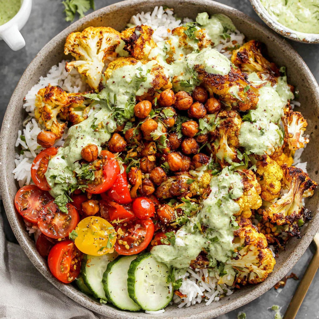 A bowl of food with cauliflower, tomatoes, and cucumbers.