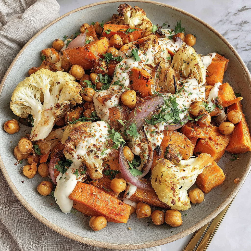 A plate of roasted vegetables with a tahini yogurt sauce.