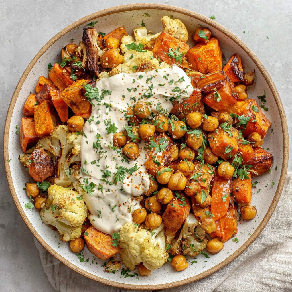 A bowl of roasted vegetables with a tahini yogurt sauce.