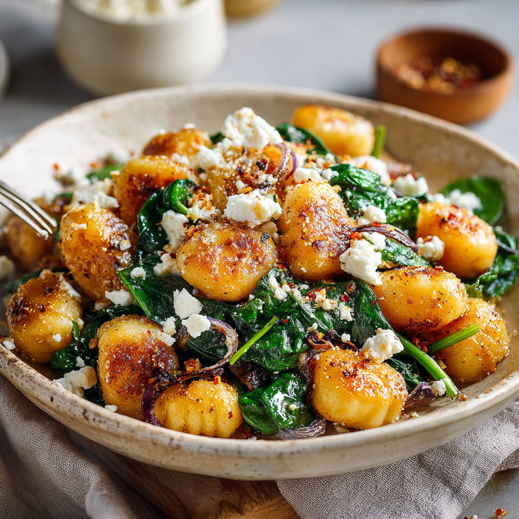 A bowl of crispy gnocchi with spinach and feta.